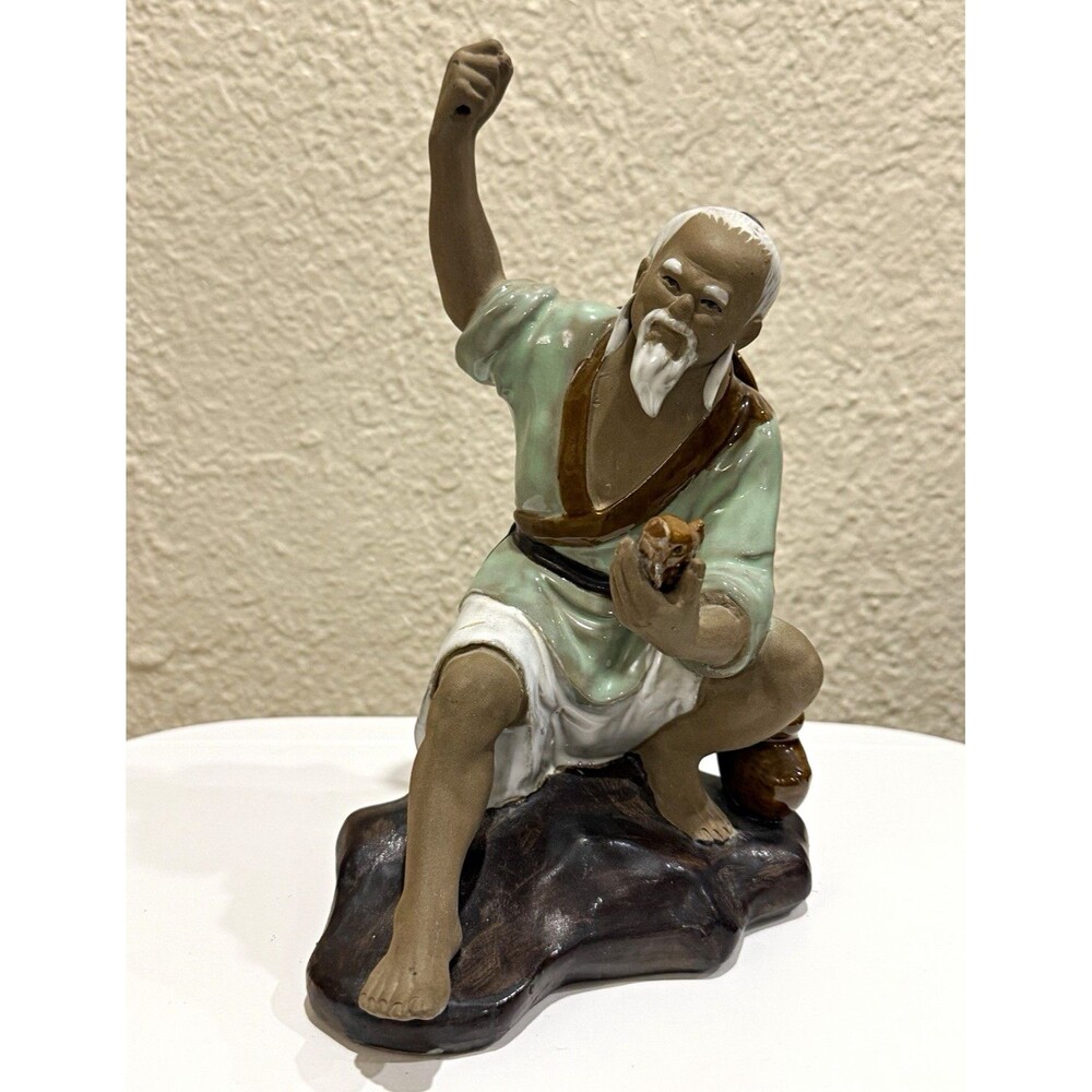 Vintage Chinese Mudman Elder Figurine Holding Gourd Asian Porcelain 9.5”
